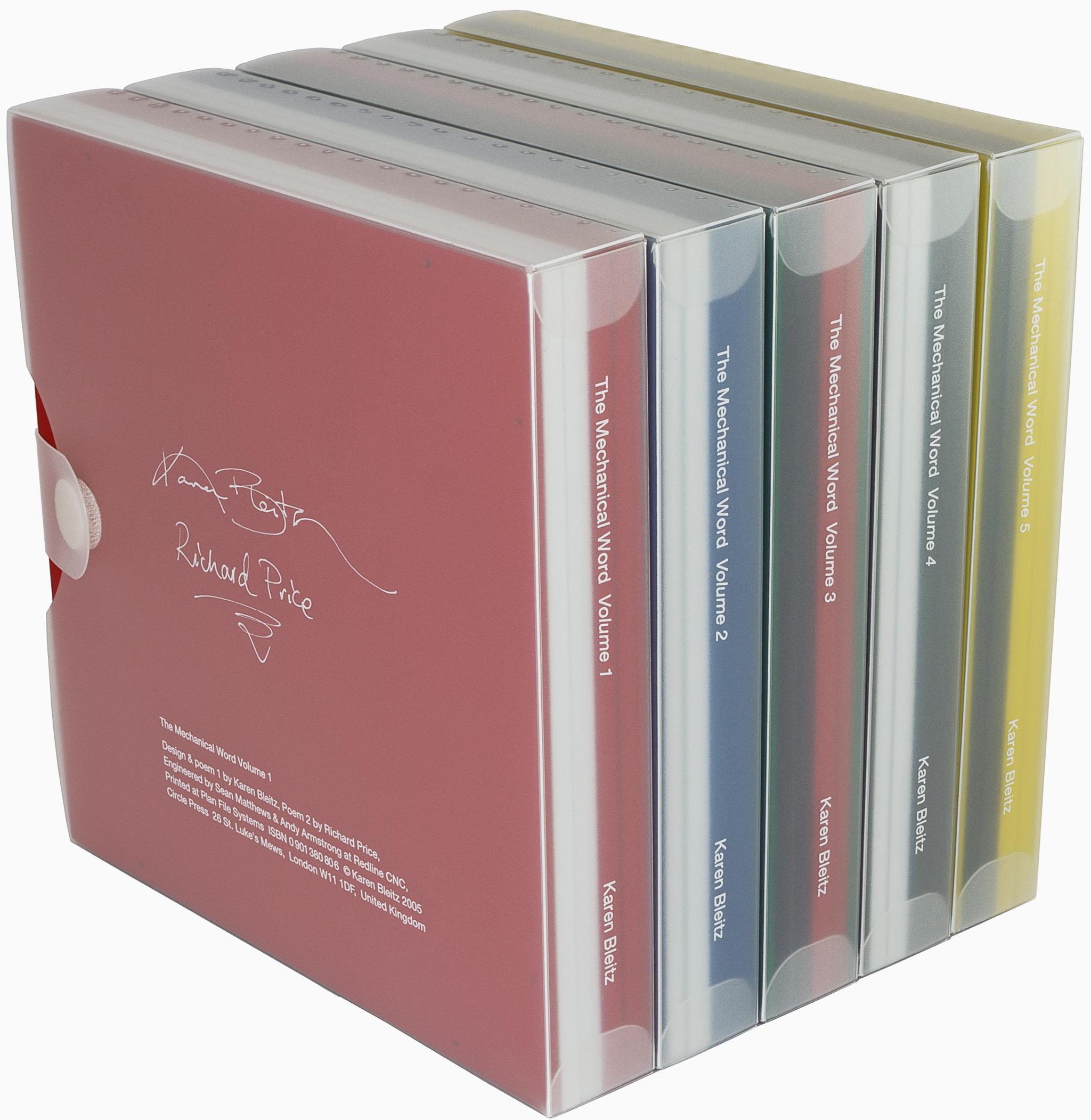 Artists book series titled The Mechanical Word Volumes 1 through 5 by Karen Bleitz encased in polypropylene boxes.