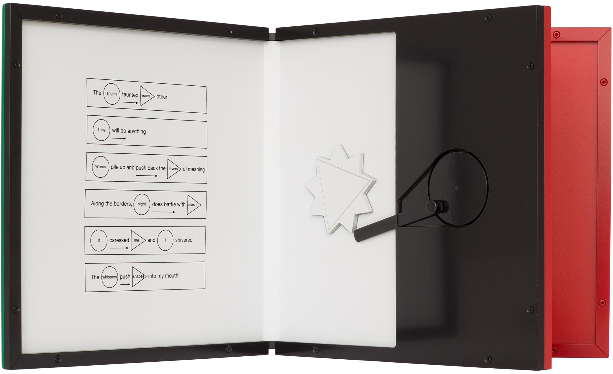 Mechanical book titled “The Mechanical Word Volume 3 - Hard Done By (to do)” by Karen Bleitz - full view showing the poem machine in action.