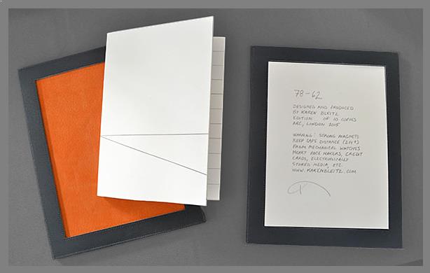 Artists book by Karen Bleitz entitled 78-62 Degrees. Image of the book with the covers and colophon.