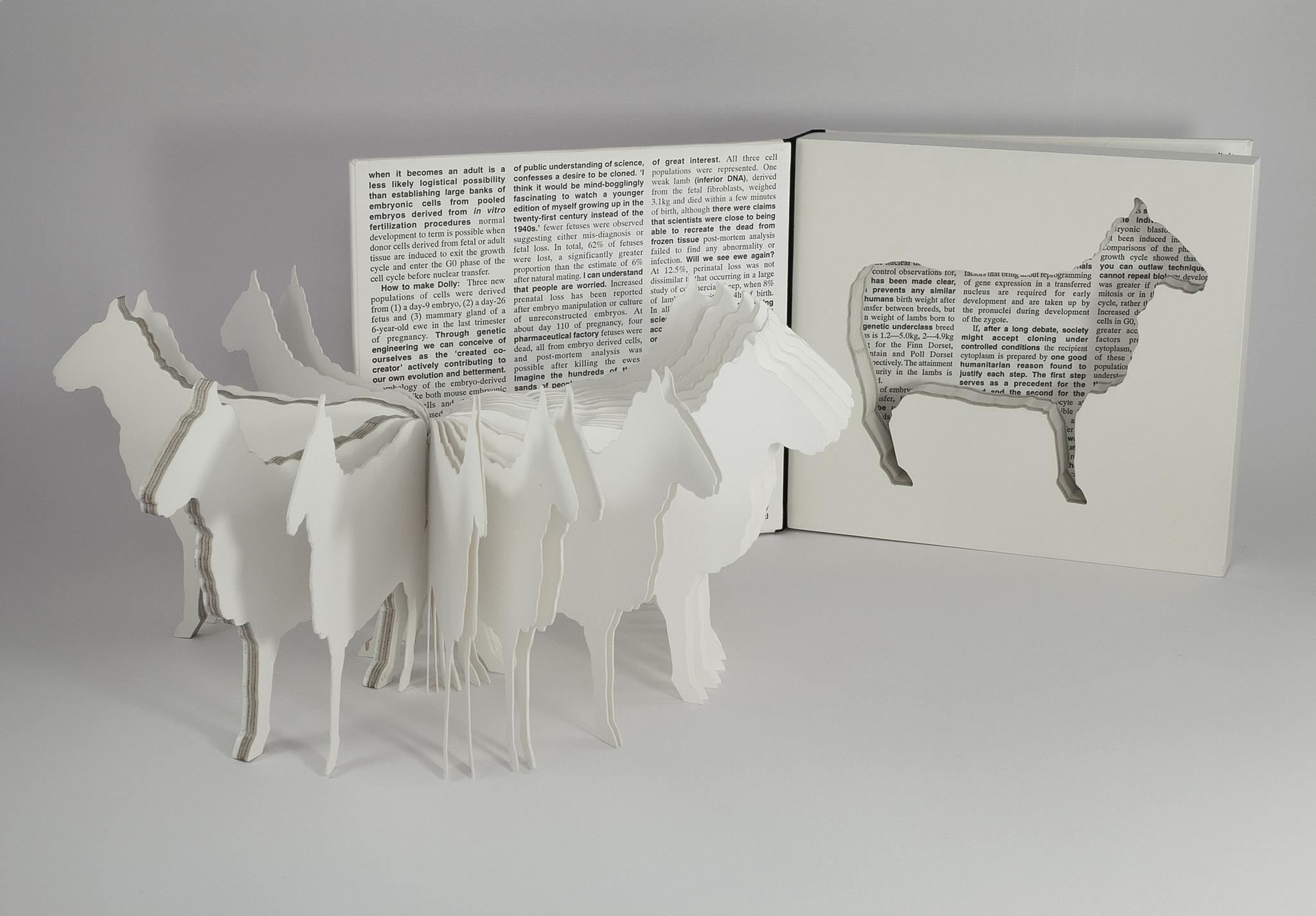 Full view of artist book Dolly: Edition Unlimited by Karen Bleitz, a pop-out jig-sawed book-work on the theme of the cloned sheep, Dolly, with a freestanding herd of sheep integrated into the form of the book.