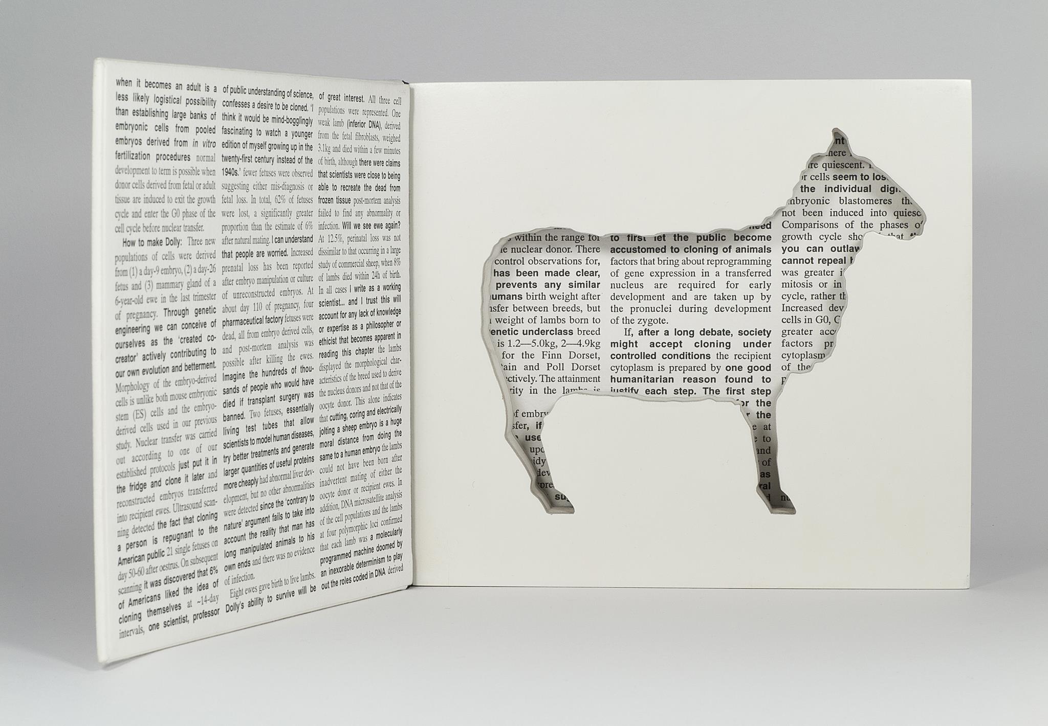 Full view of artist book Dolly: Edition Unlimited by Karen Bleitz, a pop-out jig-sawed book-work on the theme of the cloned sheep, Dolly, with a freestanding herd of sheep integrated into the form of the book.