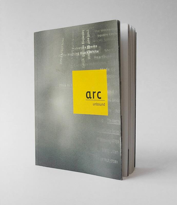 arc UNBOUND catalogue featuring artists books by Arc Editions artists Karen Bleitz, Sam Winston, Victoria Bean and Rick Myers. Full view of cover.
