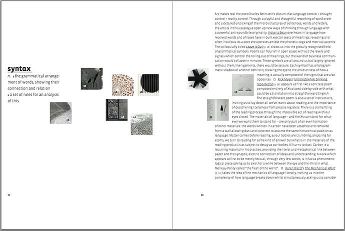 arc UNBOUND catalogue featuring artists books by Arc Editions artists Karen Bleitz, Sam Winston, Victoria Bean and Rick Myers. Full view of page spread.