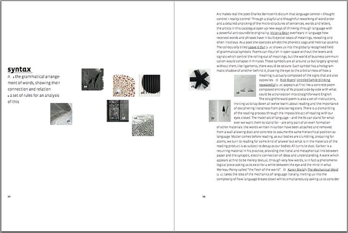 arc UNBOUND catalogue featuring artists books by Arc Editions artists Karen Bleitz, Sam Winston, Victoria Bean and Rick Myers. Full view of page spread.