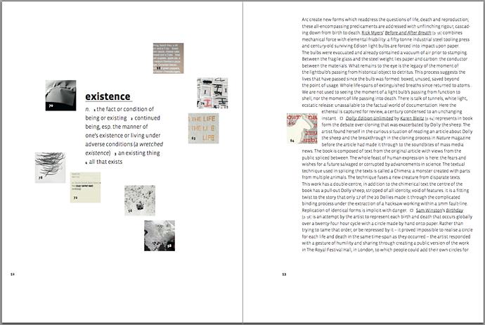 arc UNBOUND catalogue featuring artists books by Arc Editions artists Karen Bleitz, Sam Winston, Victoria Bean and Rick Myers. Full view of page spread.