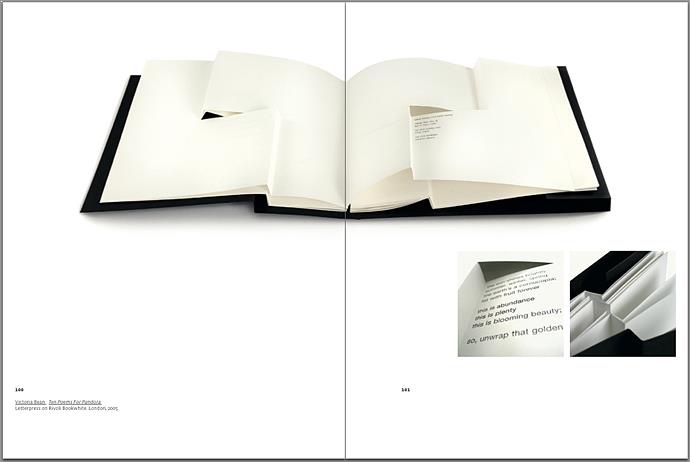 arc UNBOUND catalogue featuring artists books by Arc Editions artists Karen Bleitz, Sam Winston, Victoria Bean and Rick Myers. Full view of page spread.